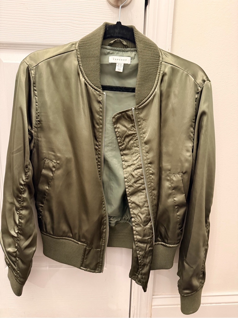 Topshop Satin Olive Green Bomber Jacket